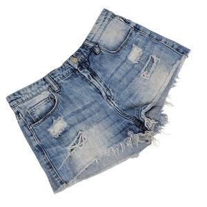 Womens 27 Denim Hot Pants Wedge Shorts Blue Distressed Raw Hem Cut Offs Summer
